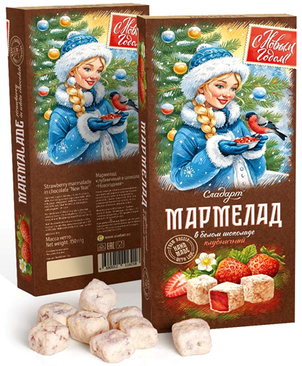 №1 Сладарт(11621) Мармелад Новогодний "Снегурочка" Клубничный в белом шоколаде, 150г   в Моздоке